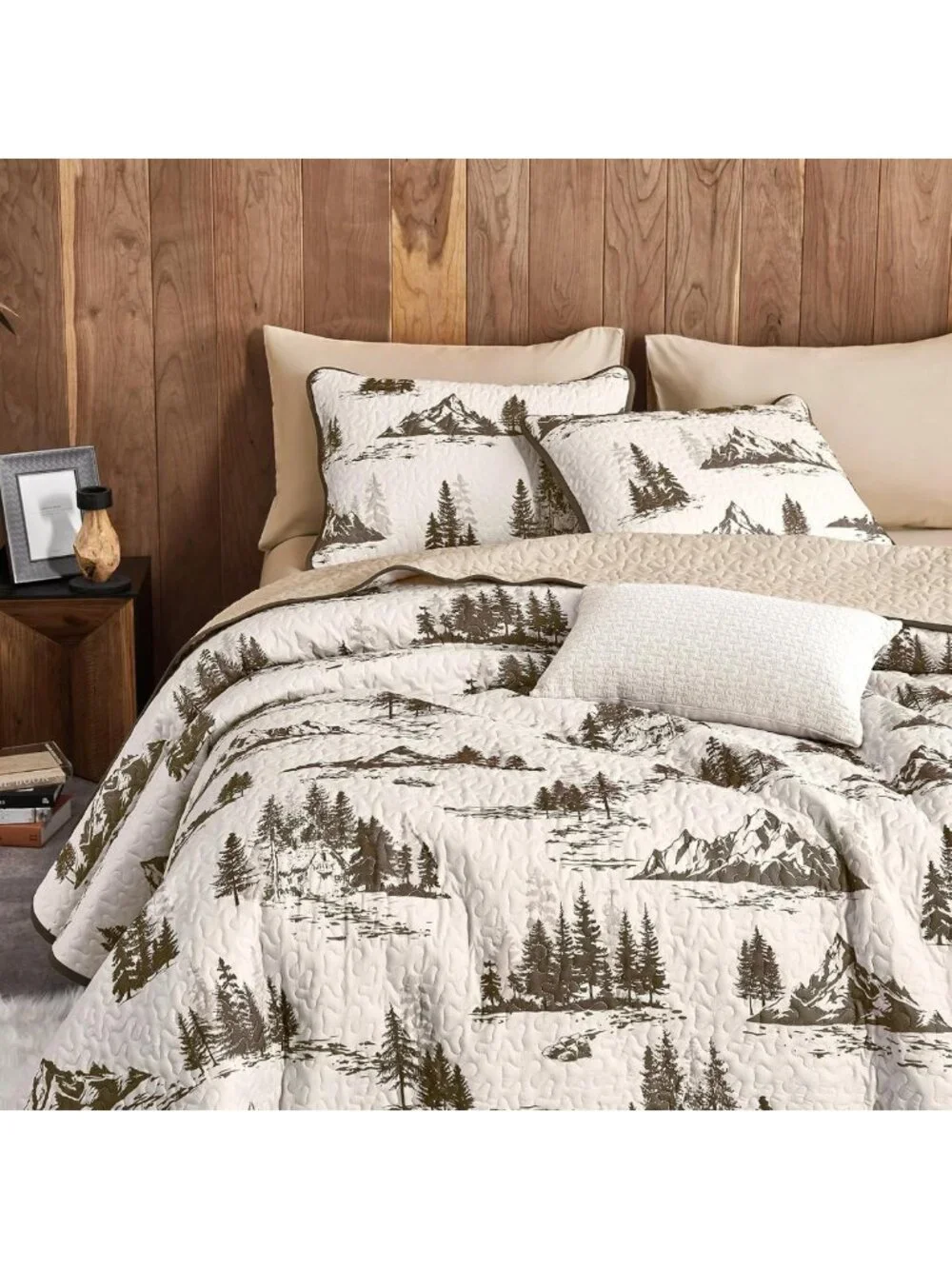 Rustic Cabin Quilt Set - Woodland Camping Theme, Reversible Lightweight